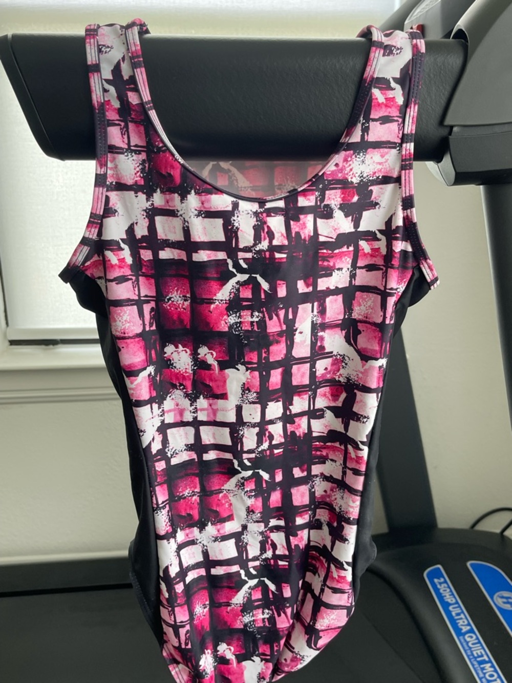 Plum Pink & Black Grid Print gymnastics leotard